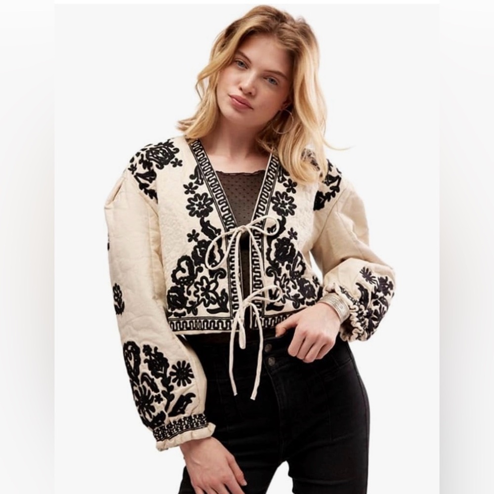 Free People Cream Embroidered Cropped Jacket with Black Floral Motif